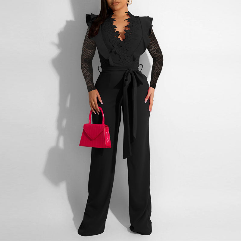 Solid Deep V-Neck Long Sleeve Lace Belted Jumpsuit