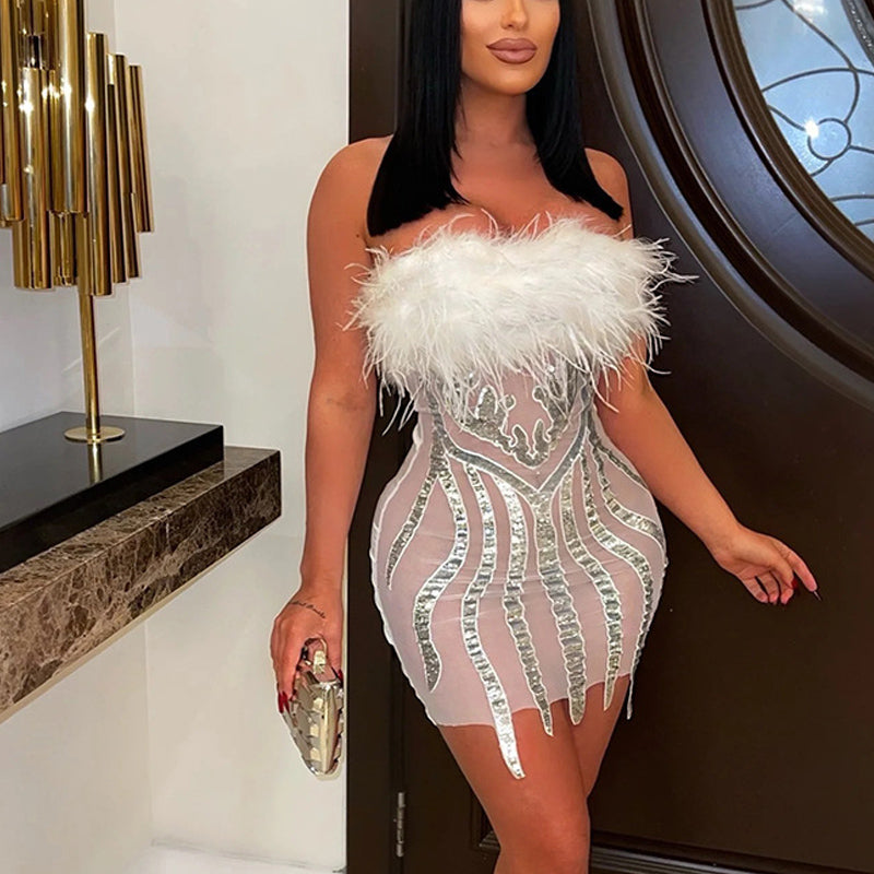 Sequins Feather Design Mesh Bandeau Bodycon Dress