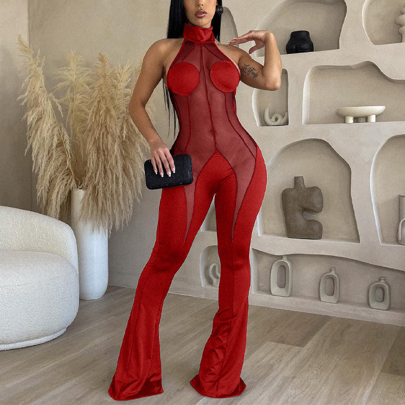 Solid Halter Sheer Mesh Patchwork Jumpsuit