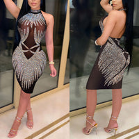 Rhinestone Halter Backless Sheer Mesh Bodycon Dress