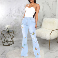 Butterfly Print High Waist Bell Bottomed Denim Pants