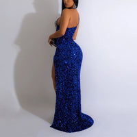 Sequins Beaded Oblique Shoulder High Slit Maxi Dress