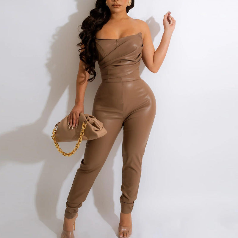 Solid Bandeau PU Leather Jumpsuit