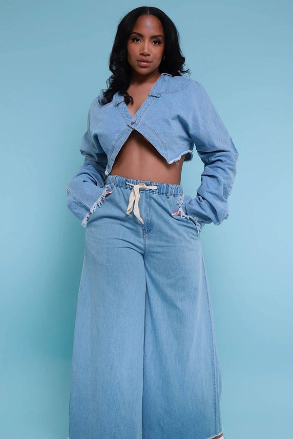 High Rise Denim Palazzo Pants - Light Wash