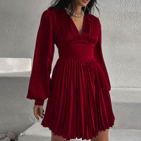 Solid Deep V-Neck Lantern Sleeve Pleated Dress