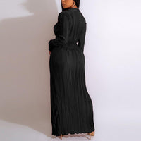 Solid Long Sleeve Deep V-Neck High Slit Pleated Maxi Dress