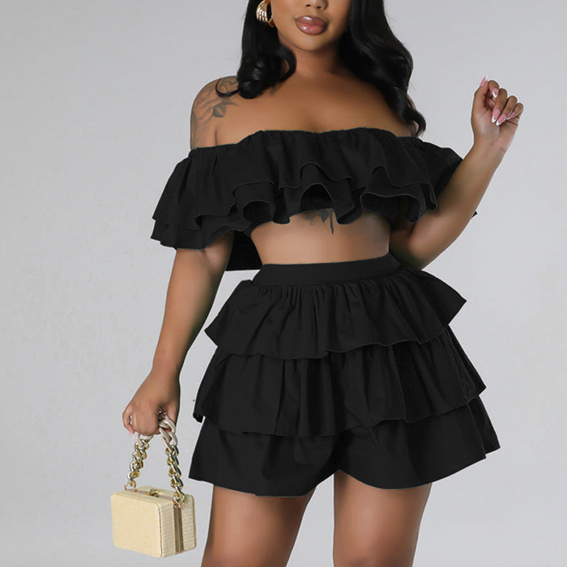 Solid Layered Ruffle Tube Top & Shorts Set