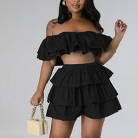 Solid Layered Ruffle Tube Top & Shorts Set