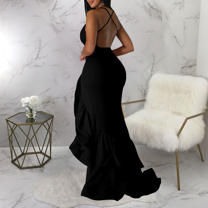 Solid Sleeveless Deep V-Neck High Slit Ruffle Design Maxi Dress