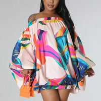 Print Off Shoulder Dolman Sleeve Mini Dress