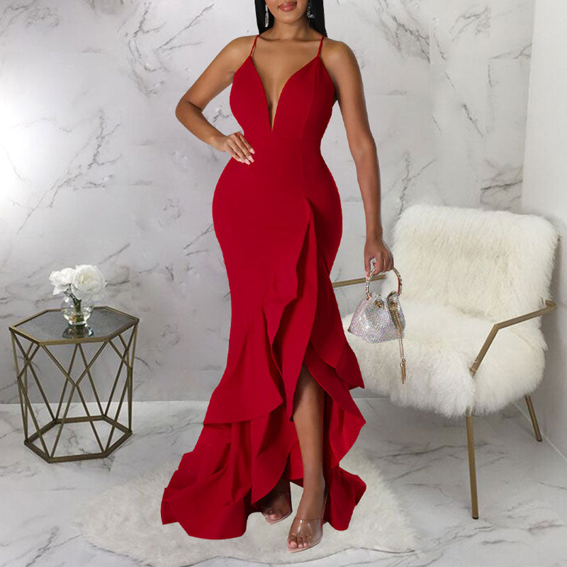 Solid Sleeveless Deep V-Neck High Slit Ruffle Design Maxi Dress