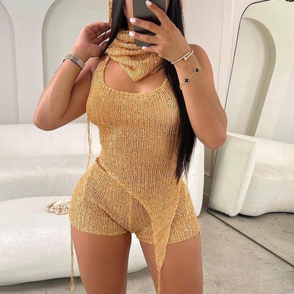 Sequins Hoodie Bandage Top & Shorts Set