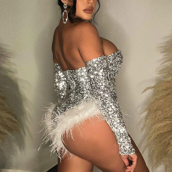 Sequins Off Shoulder Long Sleeve Feather Design Romper