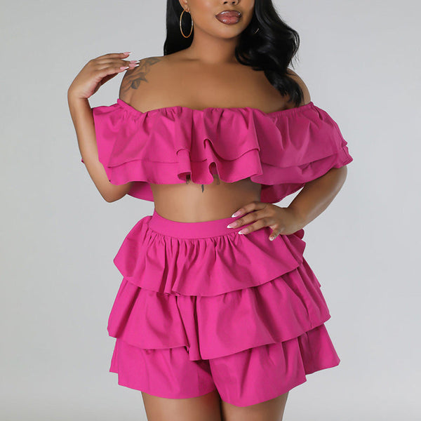 Solid Layered Ruffle Tube Top & Shorts Set