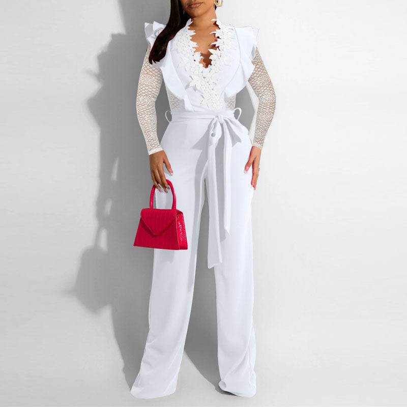 Solid Deep V-Neck Long Sleeve Lace Belted Jumpsuit