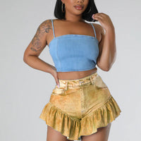 Solid High Waist Ruffle Hem Shorts