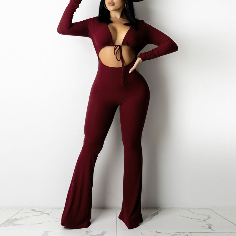 Solid V-Neck Long Sleeve Cut Out Bell Bottomed Jumpsuit