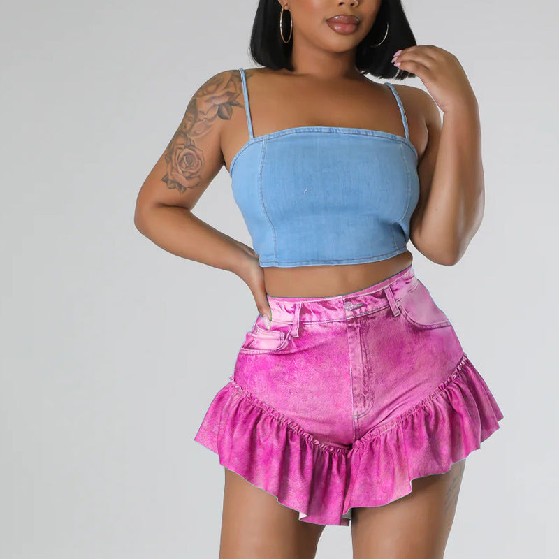 Solid High Waist Ruffle Hem Shorts