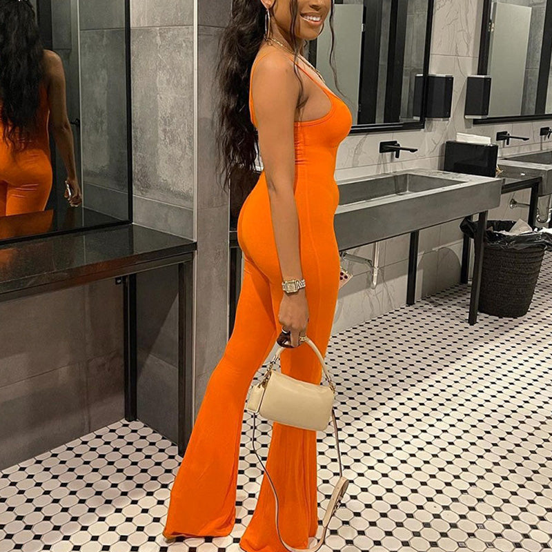 Solid U Neck Spaghetti Strap Jumpsuit