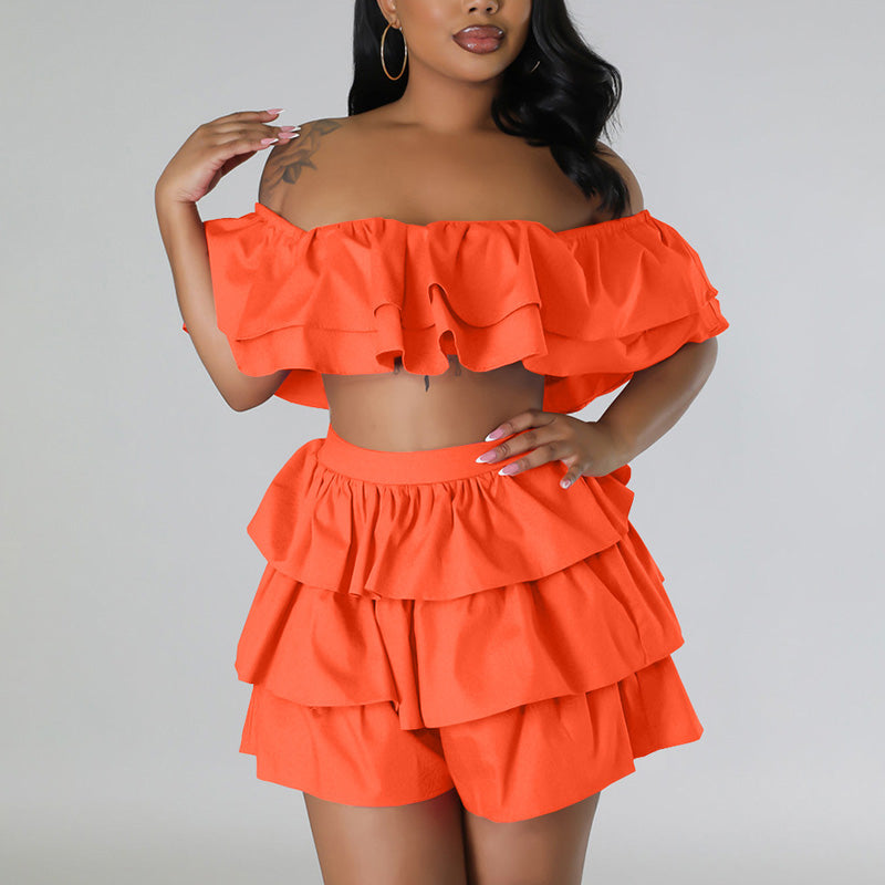 Solid Layered Ruffle Tube Top & Shorts Set