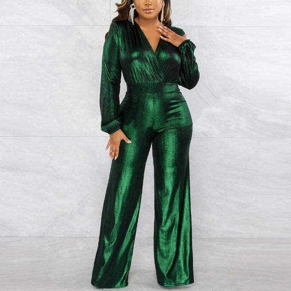 Solid V-Neck Long Sleeve Wide Leg Jumpsuit