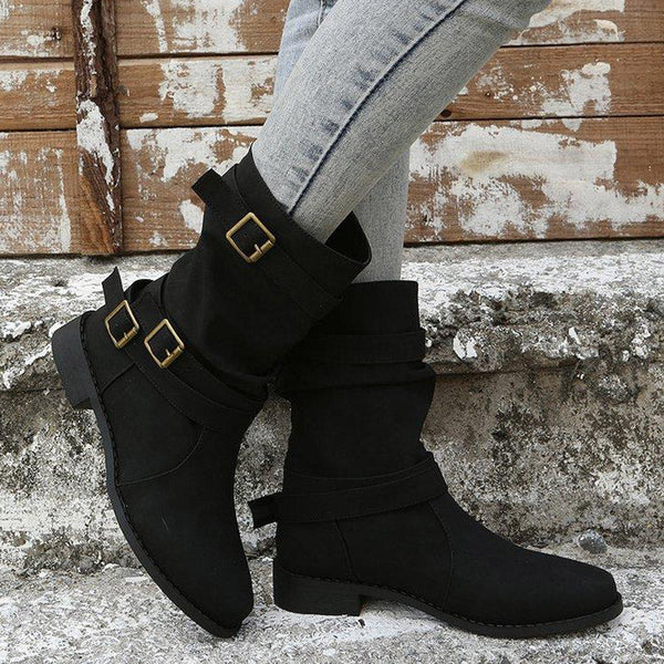 Vintage Pointed Toe Buckle Decoration Boots