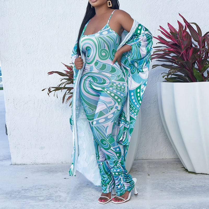 Print Sleeveless Skinny Jumpsuit & Cover Up Set