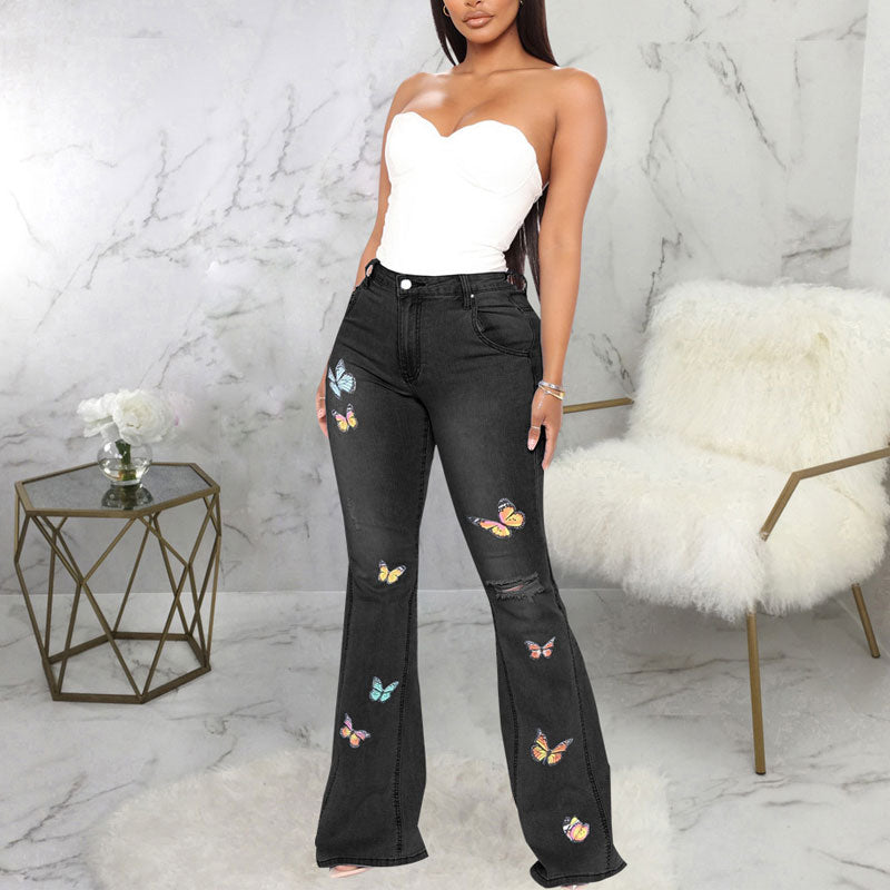 Butterfly Print High Waist Bell Bottomed Denim Pants