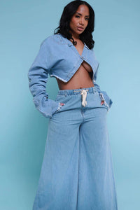 High Rise Denim Palazzo Pants - Light Wash