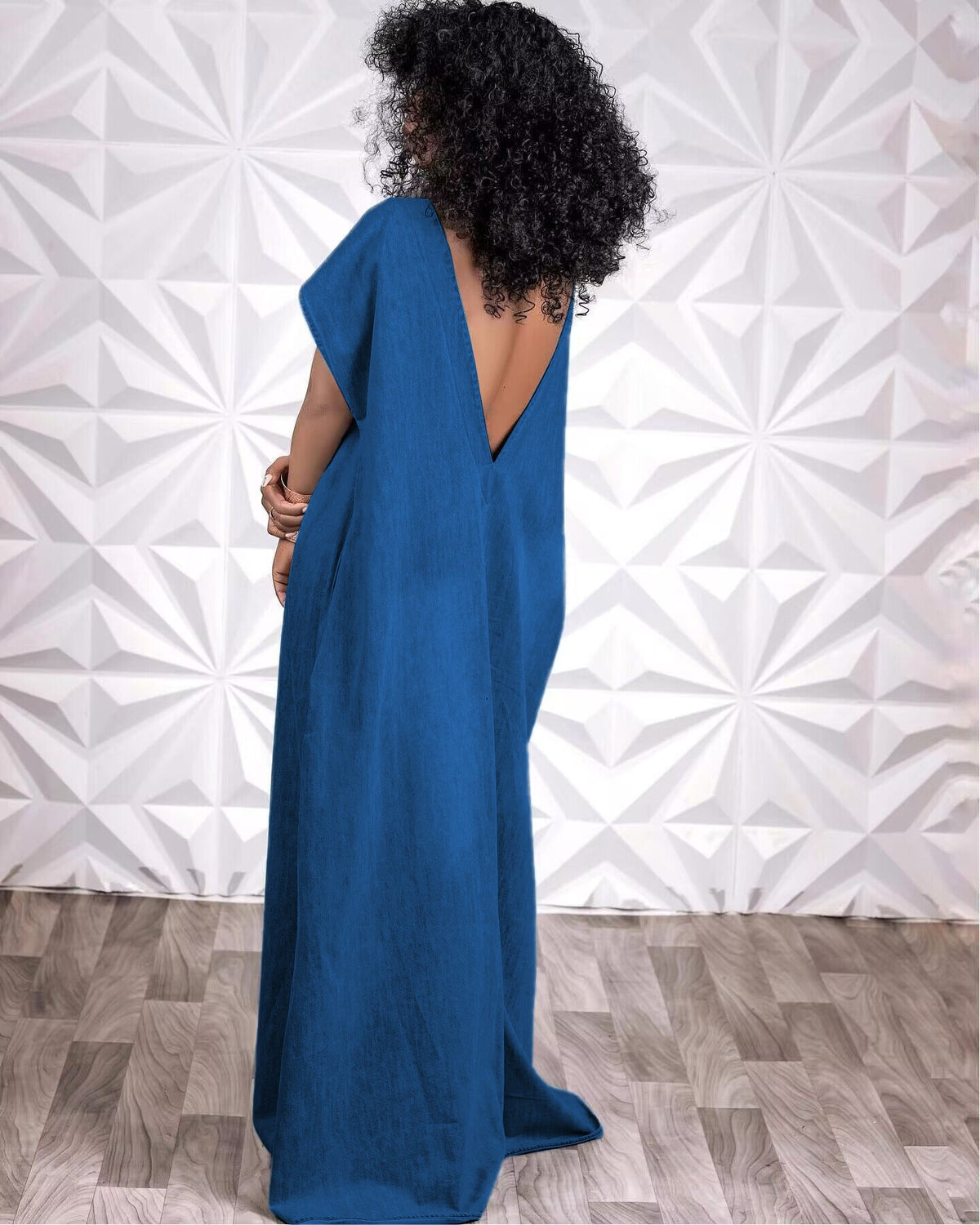 Denim Back V-Shaped Short Sleeve Maxi Dress