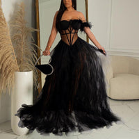 Solid Off Shoulder Feather Design Sheer Mesh Patchwork Party Dress