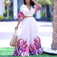 Floral Print V-Neck Crop Top & Pleated Wide Leg Pants Set