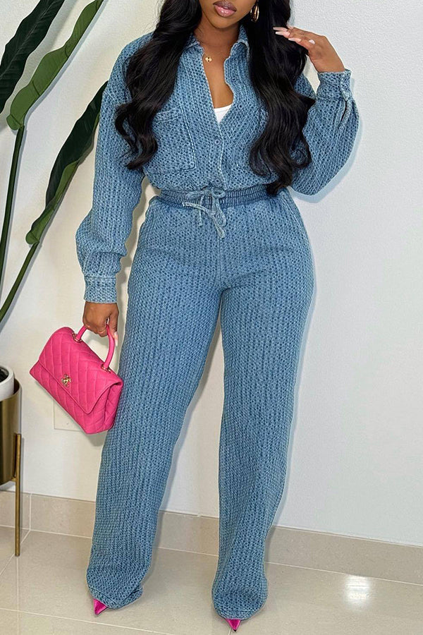 Casual Craft Drawstring Denim Sets Pant Suits