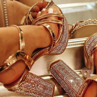 Rhinestone Pointed Toe Platform Chunky Heeled Sandals