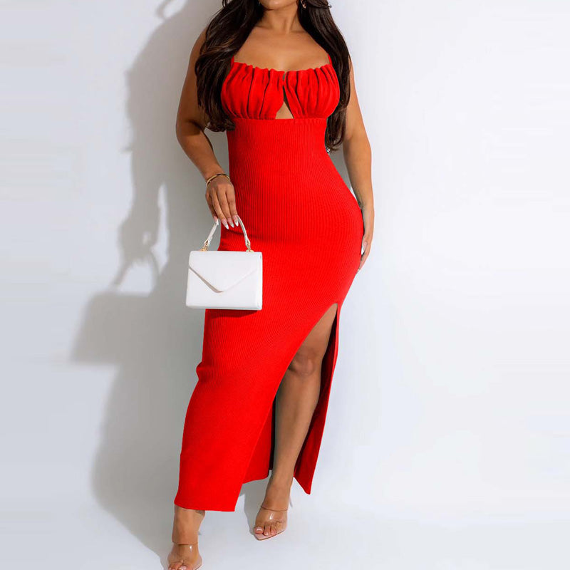 Solid Spaghetti Strap Backless High Slit Maxi Dress