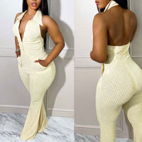 Solid V-Neck Halter Backless Knitted Jumpsuit