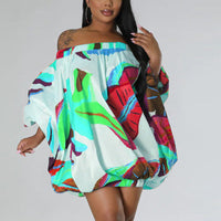 Print Off Shoulder Dolman Sleeve Mini Dress