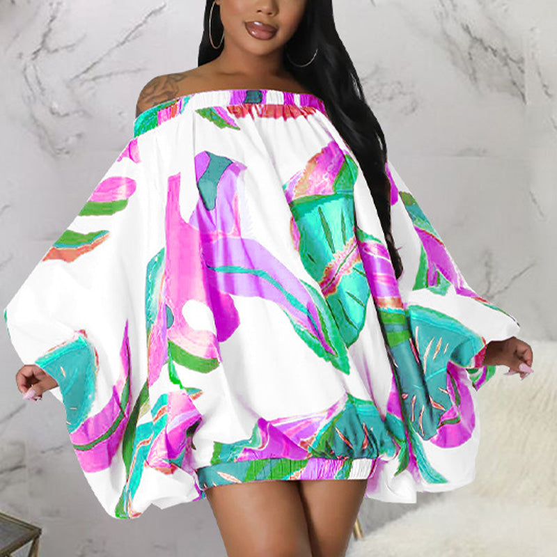 Print Off Shoulder Dolman Sleeve Mini Dress