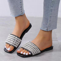 Rhinestone Beaded Square Toe Flat Sandals